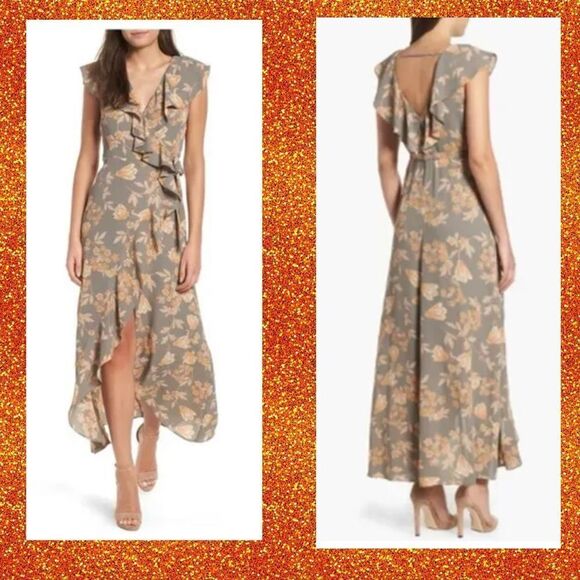 Leith Gray & Orange Gorgeous Floral Ruffle Functional Wrap Maxi Dress - Picture 1 of 12